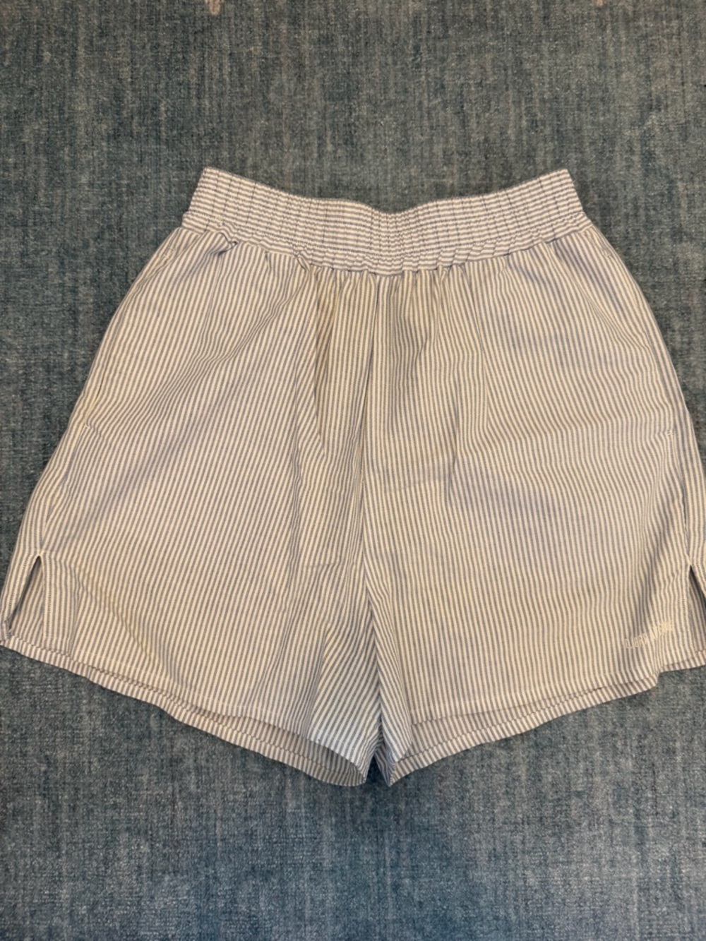 Djerf Avenue Blue and White Pinstripe High-Waist Shorts